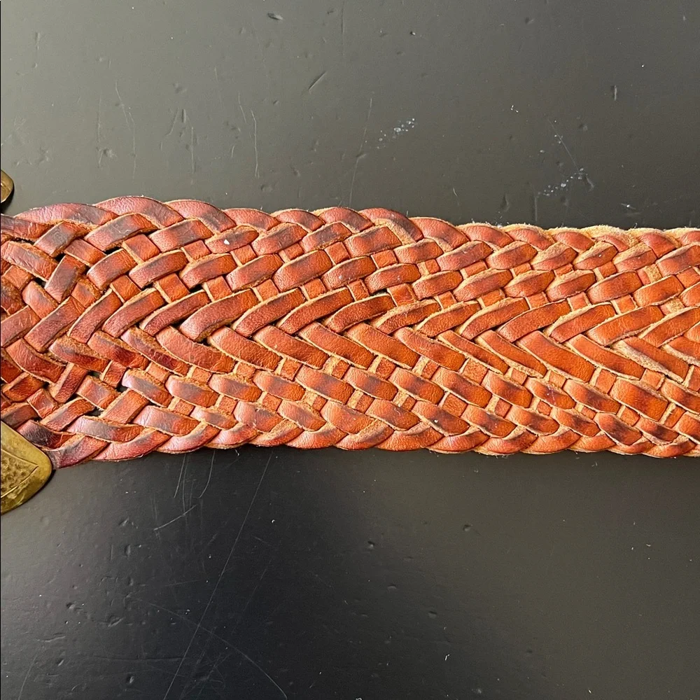 Vintage BOHO Moroccan Genuine Brown Leather Basket Weave Belt with Brass Buckle - Picture 4 of 13
